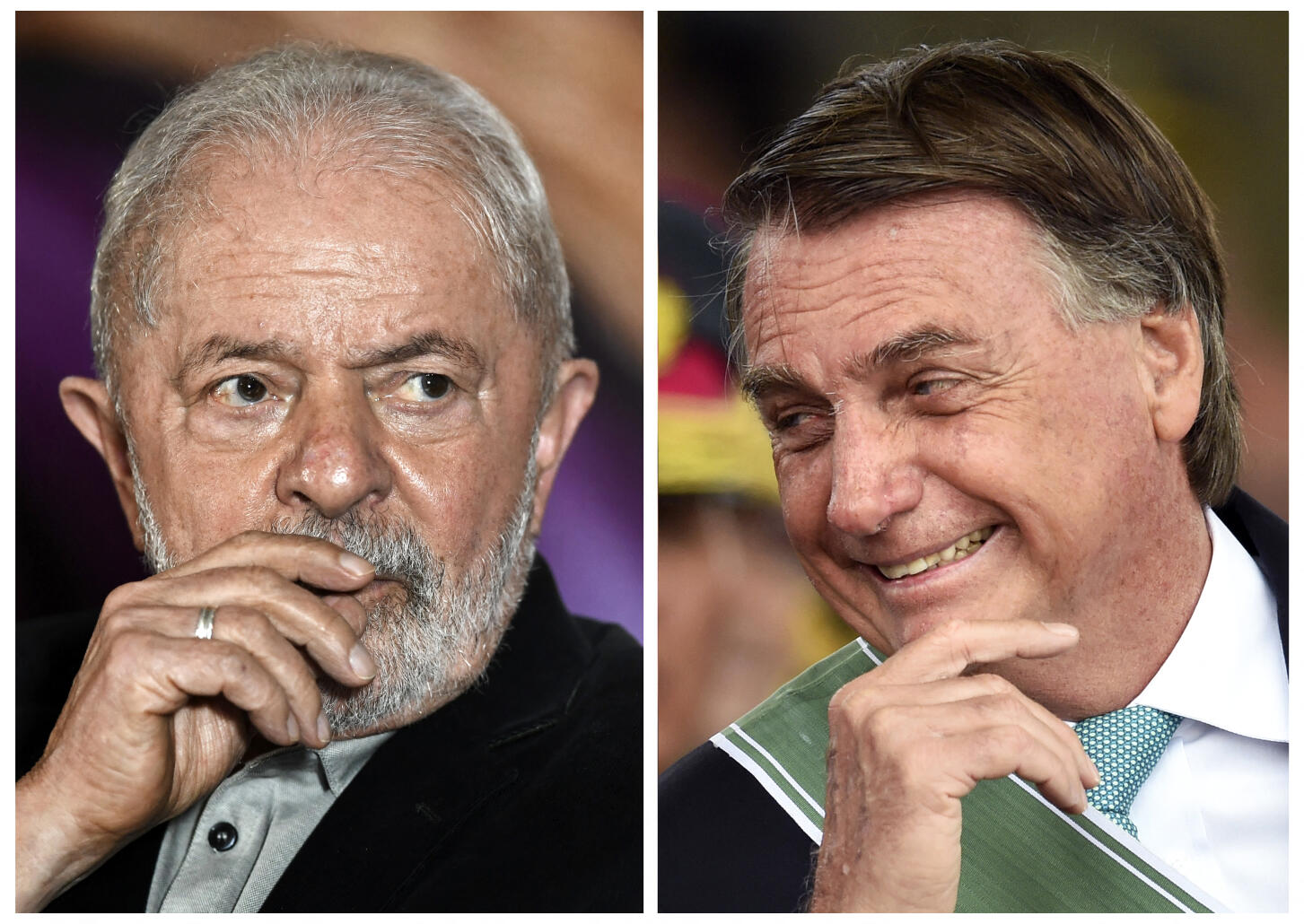 (COMBO) This combination of pictures created on May 4, 2022, ex-Brazilian president Luiz Inacio Lula da Silva (L) gestures during a meeting with members of the Rede Party in Brasilia, on April 28, 2022, to discuss the party's support for Lula's candidacy for president in the upcoming October elections, and another of Brazilian President Jair Bolsonaro smiling during the Brazilian Army Day celebration at the Army headquarters in Brasilia on April 19, 2022. - According to a mid-December poll, President Jair Bolsonaro, was getting crushed in the race for Brazil's October elections, trailing his nemesis, ex-president Luiz Inacio Lula da Silva, so badly it seemed he might lose in the first round. But since then, the far-right incumbent has staged a turnaround, so much so that political analysts now say he could yet come from behind to win a new four-year term. Bolsonaro is seeking reelection while Lula de Silva is scheduled to officially launch his candidacy on May 7 at a rally in Sao Paulo. (Photo by EVARISTO SA / AFP)